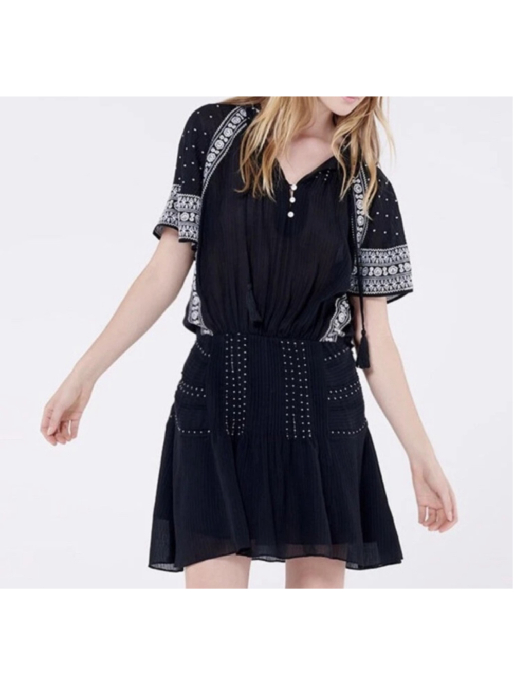 Veronica Beard Black Embroidered Silk Blend Boho Dress Size 4 - Picture 2 of 12